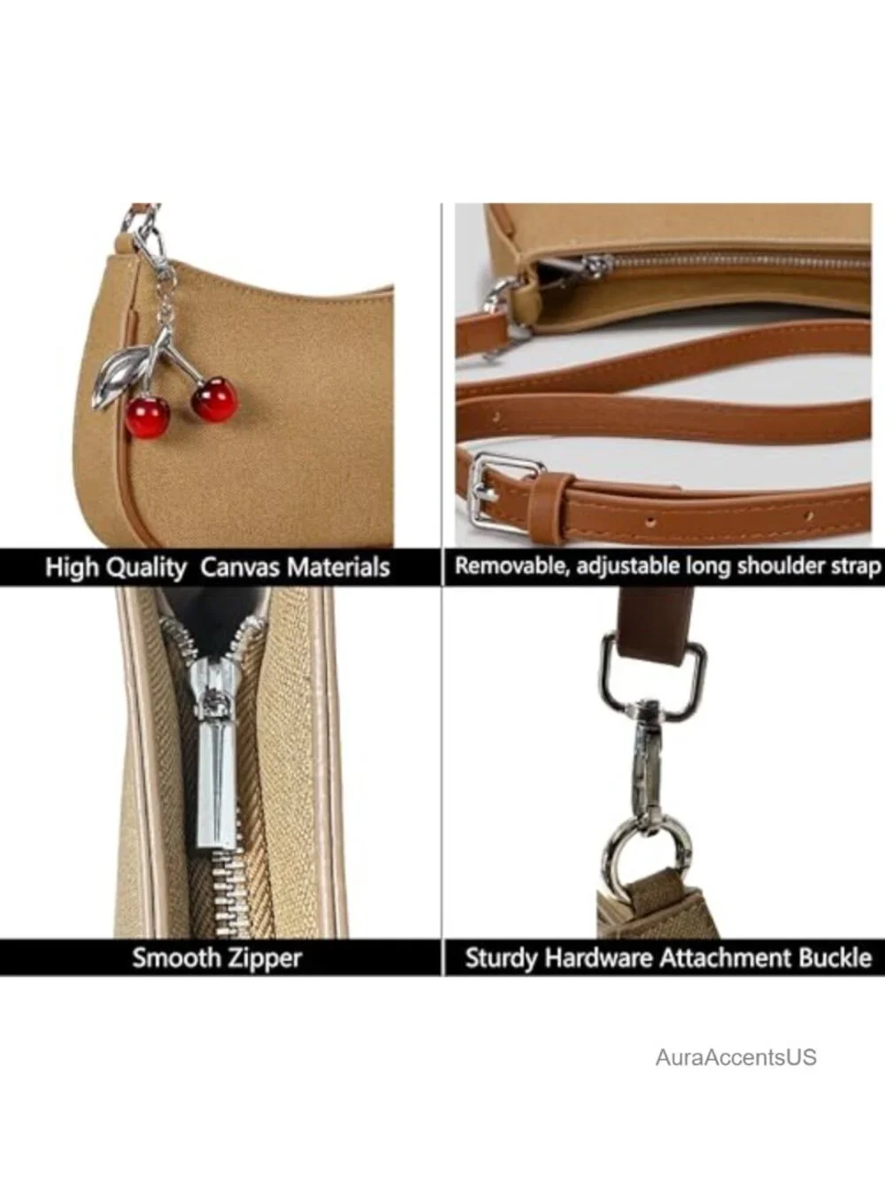 Vegan Canvas Crescent Hobo Shoulder Crossbody Bag with Cherry Charm